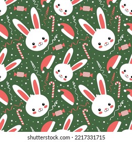 seamless pattern with christmas candy cane caramel, banny and snowflakes, endless background, repeating texture