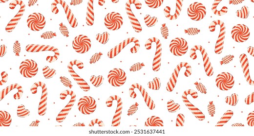 Seamless pattern with Christmas candy cane. Traditional Santa cane with hearts and candies. Stripped elements isolated on white background