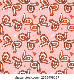 Seamless Pattern Christmas Candy Cane Pencils Bow Festive Doodle isolated on background