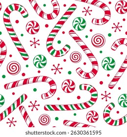 Seamless Pattern of Christmas Candy Cane and Peppermint Candy- Christmas Sweet Vector Illustration