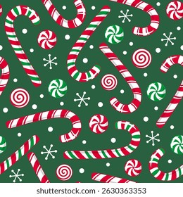 Seamless Pattern of Christmas Candy Cane and Peppermint Candy with Green Background- Christmas Sweet Vector Illustration