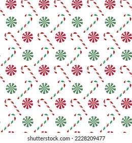 Seamless pattern with Christmas candy canes and mints on isolated background. Holiday design for wrapping paper, decoration, greeting card, and celebration of winter, Christmas or New Year.