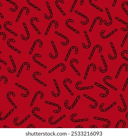 Seamless Pattern of Christmas Candy Canes in Black and White. Hand-Drawn Candy Canes Holiday Pattern in Minimalist Design
