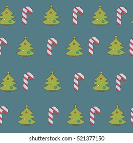seamless pattern with Christmas candy canes, Christmas trees and clumps of snow on a blue background.happy new year. flat design.