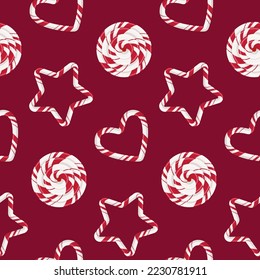 Seamless pattern of Christmas candy mint hearts and stars, on isolated red burgundy background. Holiday design for decoration and celebration of winter, Christmas or New Year.