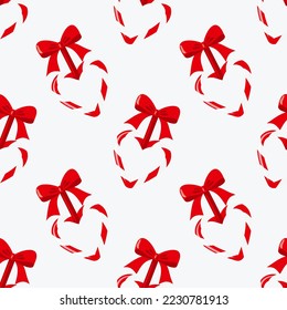 Seamless pattern of Christmas candy mint hearts and red bowtie, on isolated background. Holiday design for wrapping paper, decoration, greeting card, and celebration of winter, Christmas or New Year.