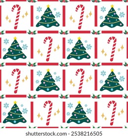 Seamless Pattern Christmas candy and tree with holly berry mistletoe on white background, transparent vector. Design for wallpaper, backdrop, interior, dish, apron, pillowcase, notebook, book cover.