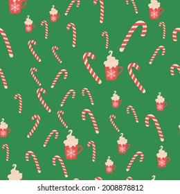 Seamless pattern for Christmas with cane lollipop, cup of cocoa. Winter holiday, cooking, new year's eve.