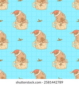 Seamless pattern with Christmas Capybara in Santa hat in cup on blue checkered background. New Year Funny kawaii character backdrop. Vector illustration. Kids holiday collection