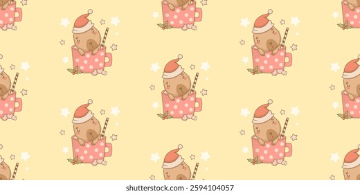 Seamless pattern with Christmas Capybara in Santa hat in cup on yellow background. New Year Funny cartoon kawaii character. Vector illustration. Horizontal holiday ornament. Kids collection.