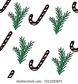  Seamless pattern, Christmas caramel cane and spruce branch. Hand-drawn, holiday concept vector illustration. Suitable for paper, packaging, cover, background, design