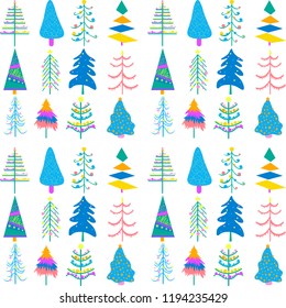 Seamless pattern, Christmas card, New Year festive Christmas trees of different types, vector illustration