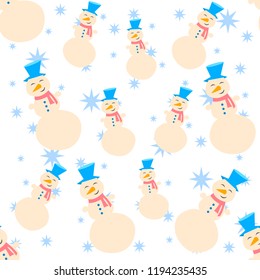 Seamless pattern, Christmas card, snowman and stars, vector illustration