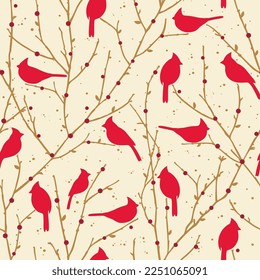 Seamless Pattern of Christmas Cardinal Birds on branches with berries-Christmas Vector design