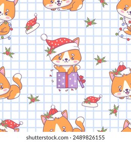 Seamless pattern with Christmas cartoon cat in Santa hat and gift box on white checkered background with holly. Vector illustration. Kids collection
