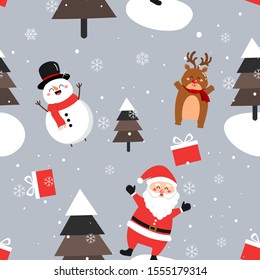 Seamless pattern with Christmas cartoon character Santa Claus, snowman, tree and gift box on night  winter background vector illustration.