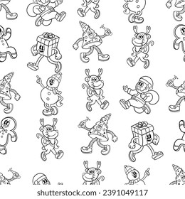seamless pattern christmas cartoon character illustration black and white