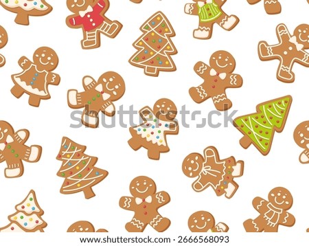 Seamless pattern with Christmas cartoon gingerbread men and trees. Holiday background with gingerbread cookies. Vector print for holiday decoration, wrapping paper and textiles. White background.