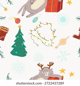 Nahtloses Muster Weihnachtskatze. Handgezeichnete Vektorgrafik.