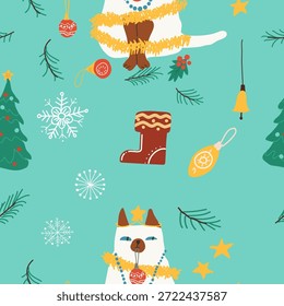 Seamless pattern Christmas cat. Hand drawn vector illustration.