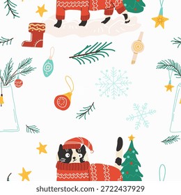 Navidades de patrón sin fisuras cat. Ilustración vectorial dibujada a mano.