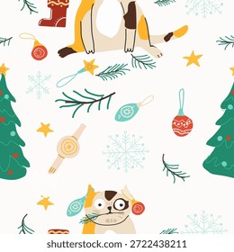 Seamless pattern Christmas cat. Hand drawn vector illustration.