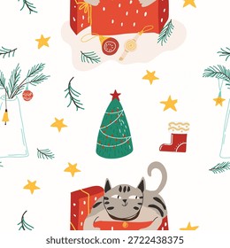 Seamless pattern Christmas cat. Hand drawn vector illustration.