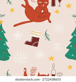 Nahtloses Muster Weihnachtskatze. Handgezeichnete Vektorgrafik.