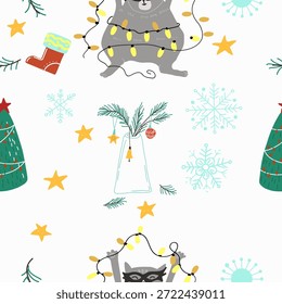 Seamless pattern Christmas cat. Hand drawn vector illustration.
