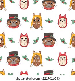 Seamless pattern with Christmas cats heads, merry Christmas illustrations of cute cats with accessories such as knitted hats, cylinder hat, holly and scarves