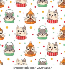 Seamless pattern with Christmas cats heads, merry Christmas illustrations of cute cats with accessories such as knitted hats  and scarves