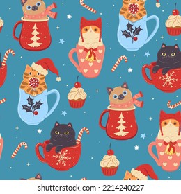 Seamless pattern with Christmas cats in mugs. Vector graphics.