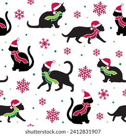 Seamless Pattern of Christmas Cats Pet with Snowflakes- Christmas Vector Illustration
