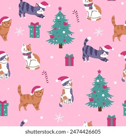 Seamless pattern with Christmas cats, trees and gifts. Vector graphics