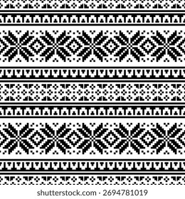 Seamless pattern for christmas celebration, made from pixel and square shape. Neatly arranged to form a snow motif with beautiful ornaments with black white monochrome color