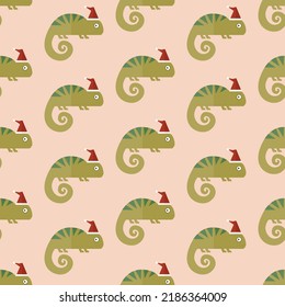 seamless pattern Christmas chameleon lizard animal with hat on pink background vector wallpaper textile giftwrap