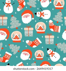 Padrão contínuo com personagens de Natal e elementos de feriado em azul. Design de inverno festivo para tecido, envoltório de presente e decoração. Vetor.