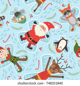 seamless pattern with Christmas characters make snow angel - vector illustration, eps