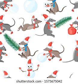 Seamless pattern with Christmas characters.Mice are depicted making a snowman and a snowman.Can be used as holiday wrapping paper for gift wrapping.