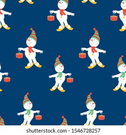 Seamless pattern of christmas cheerful snowmen with gifts