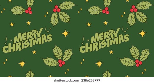 Seamless pattern with Christmas cherries and stars. Vector illustration doodles.