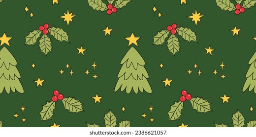 Nahtloses Muster mit Weihnachtskirschen und Sternen. Vektorgrafik-Doodles.