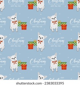 Seamless pattern with Christmas Chihuahua in hand drawn style. Greeting text Merry Christmas and Happy New Year. Background for wrapping paper, greeting cards and seasonal designs.