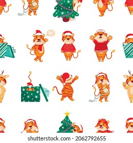 seamless pattern with Christmas chinese tigers.   New Year symbol. flat cartoon style. different emotions and postures