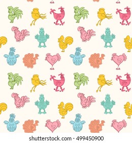 Seamless pattern with Christmas cockerels.New Year background with hand drawn with the symbols of the New Year 2017 for gift wrapping, printing for the box and fabric.Vector illustration