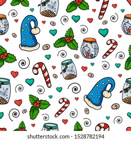 Seamless pattern Christmas collection of design elements. Hat, jar, winter, Candy cane. Symbol of the New Year and Christmas. Home decor. - Vector illustration