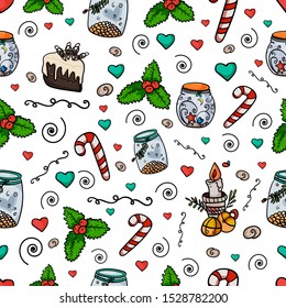 Seamless pattern Christmas collection of design elements. Cake, jar, winter, Candy cane. Symbol of the New Year and Christmas. Home decor. - Vector illustration