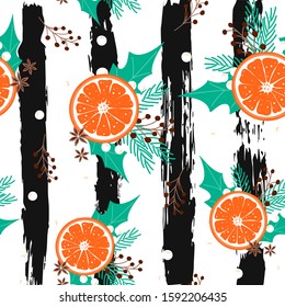Seamless pattern with Christmas composition elements in scandinavian style. Hygge concept on hand draw striped background. Winter wallpaper ornament. Vector Illustration