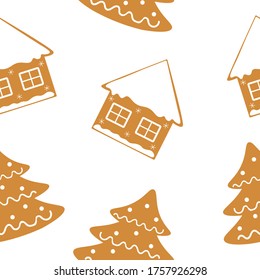 Seamless pattern christmas cookie houses vector food illustration.