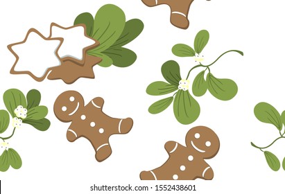 Seamless pattern with christmas cookies and branch of white mistletoe on white background. EPS10 vector illustration.